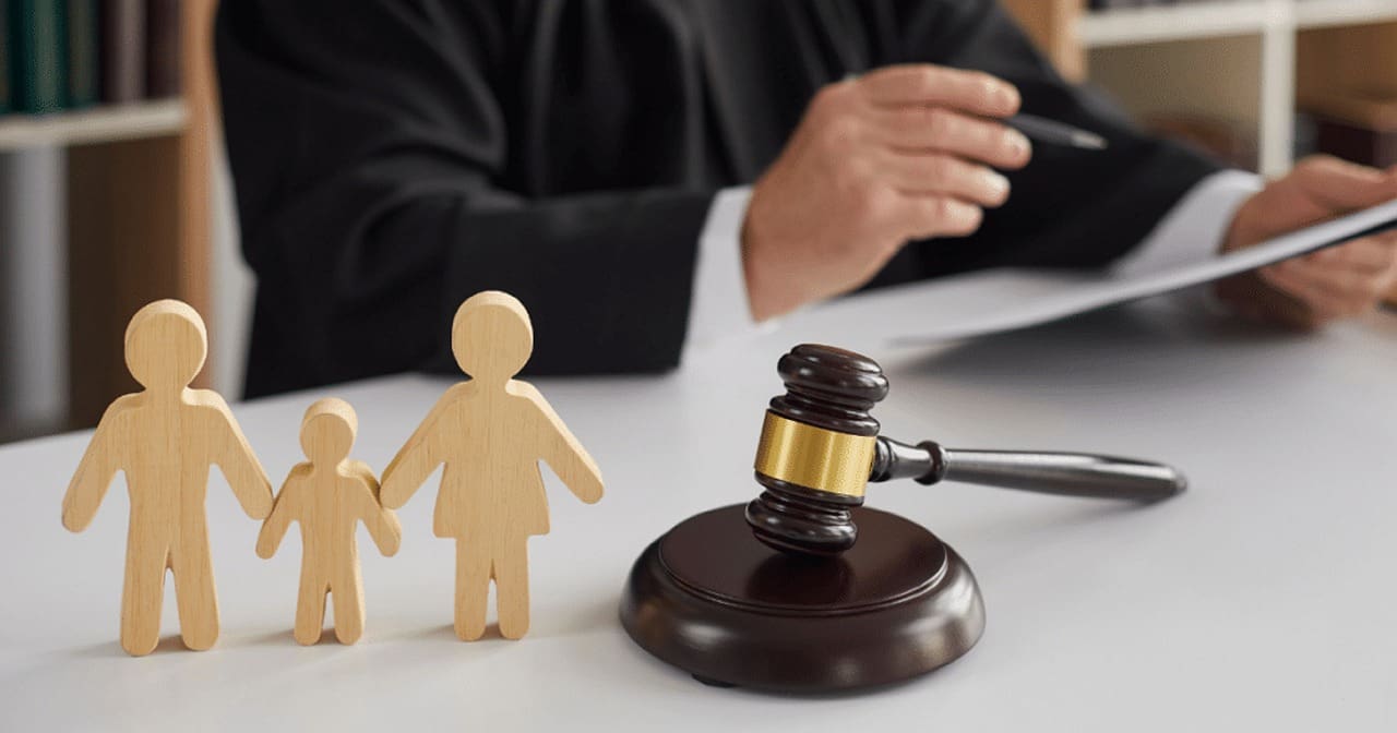 A judge is sitting at the table with two wooden figures of people.